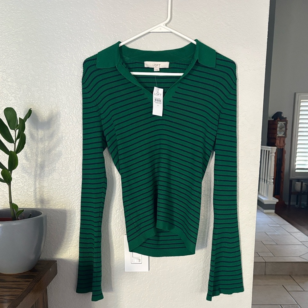 LOFT Emerald and Navy Striped Long Sleeve Top NWT